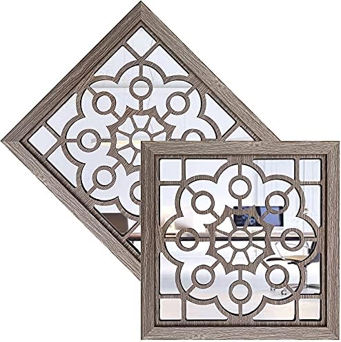 2PCS Square of Wall Mirror，Barn Wooden-Color of Decorative Mirrors， Rustic Farmhouse Accent Mirrors， Entry Mirrors for Bedroom， Applicable to Living Room Kitchen Bedroom Wall Decorate(12″x12″)