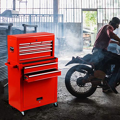 INTERGREAT Rolling Tools Chest with Drawers Tools Storage Chest for Garage Toolbox Chest on Wheels 8-Drawer Tool Storage Cabinet Steel Red