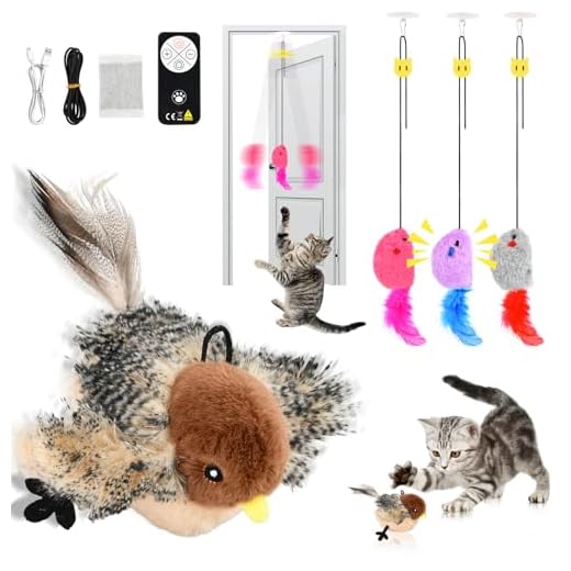 Mapille Katzenspielzeug Vogel Flattern mit Fernbedienung, Katzenminze, mit 3 piepsenden Mäusen, Katzen Spielsachen mit Vogelruf, Wiederaufladbar Interaktives Katzenspielzeug, Berührungsaktiviertes