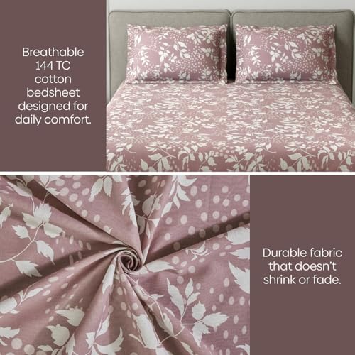 Image of Haus & kinder Double Bedsheet for Queen Size Bed | 90 x 100 Inches 144 TC Cotton Bedsheet for Double Bed with 2 Pillow Covers - Wine Foliage