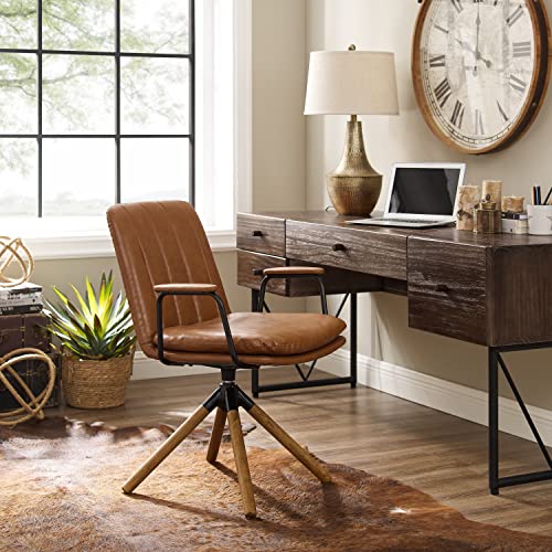 Volans Home Office Desk Chair, Oak Wood Legs, Modern Pu Leather Desk Chair No Wheels, Executive Swivel Arm Chair, Mid Back Office Chair, Yellow Brown #TOP1