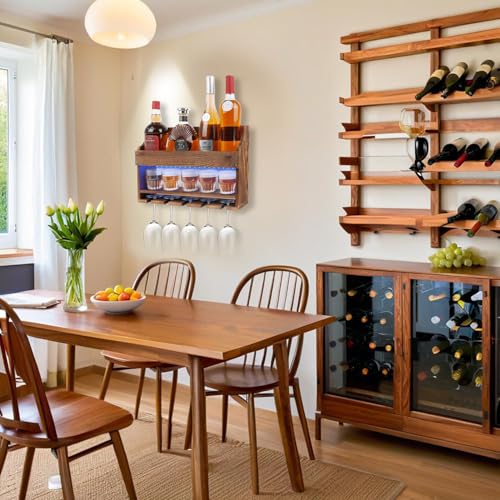 انجو رف مشروبات يثبت على الحائط، رف زجاجي خشبي باضاءة LED، رف بار يثبت على الحائط، ارفف بار عائمة للمطبخ وغرفة الطعام والمنزل بتصميم رترو للويسكي والمشروبات الروحية