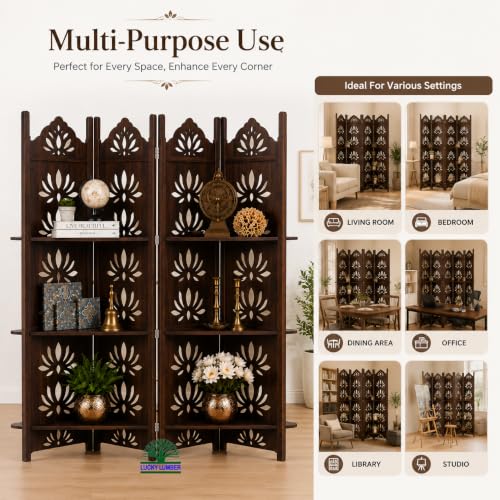 Image of Wooden Room Divider Partition with Display Shelves for Living Room | Foldable 4 Panel Decorative Privacy Screen Separator for Home, Office & Bedroom | (Brown with Shelves)