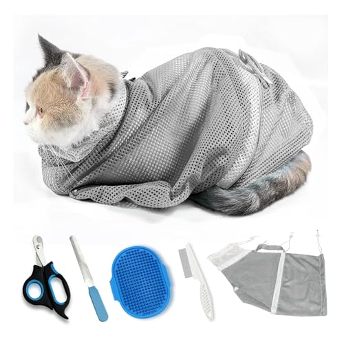 Image of Adjustable Multifunctional Anti-Bite Shower net Bag，Cat Grooming Mesh Bag, Cat Bathing Bag，Cat Bath Brush and Cat Nail Clipper