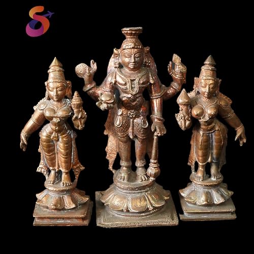 Image of Copper God Idols Perumal wih Sridevi Bhudevi i,3.9 inches, 630 Grams, Patina Antique Finish, Pack of 3 Piece
