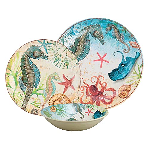 Upware 12-Piece Melamine Dinnerware Set, Includes Dinner Plates, Salad Plates, Bowls, Service For 4. (Seahorse) #TOP1