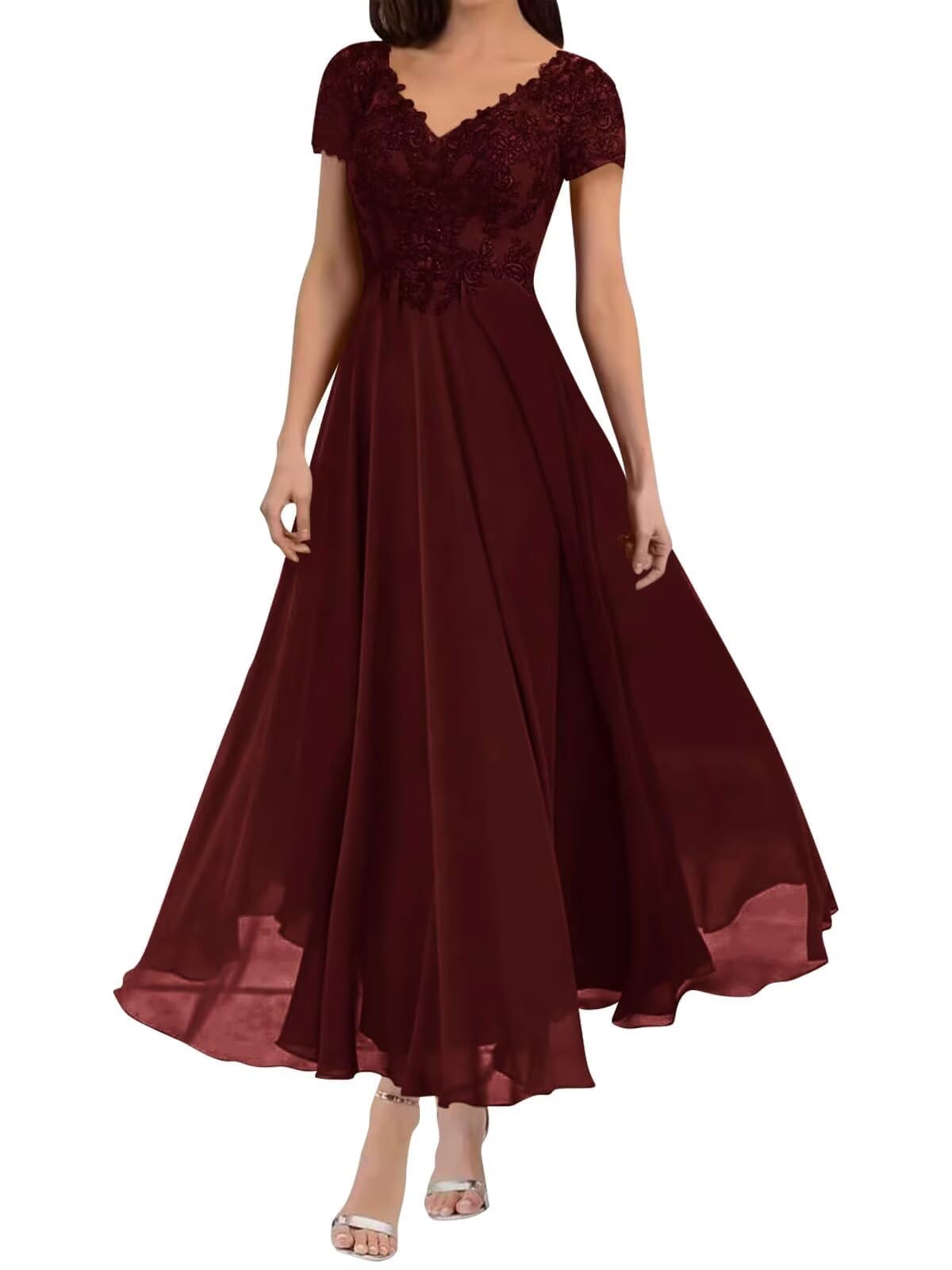 Brautmutterkleider für Hochzeit Elegant – Chiffon V-Ausschnitt A-Linie mit Spitze Lang Abendkleid