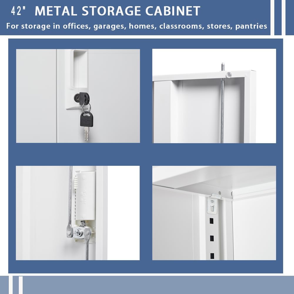 Lockable Cabinet Metal Storage Cabinet, 42" Locking Metal Storage Cabinet with 2 Adjustable Shelves,White Metal Cabinet with 2 Doors and Lock for Office, Garage, Home (White, 42")