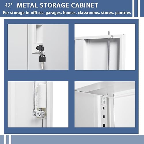 Miniatura 6 de Gabinete de almacenamiento de metal con cerradura, armario de almacenamiento de metal con bloqueo de 42 pulgadas con 2 estantes ajustables, gabinete
