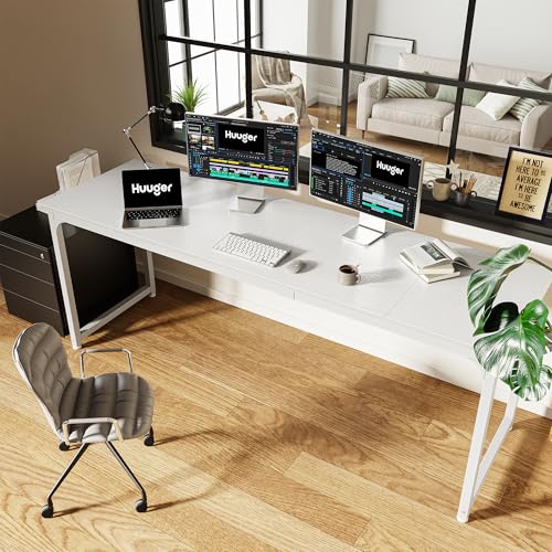 Huuger Computer Desk, 80 Inch Office Desk, Gaming Desk with Storage, Writing Desk Work Desk for Home Office, Study, Long Simple Desk, Large Legroom, Metal Frame, White