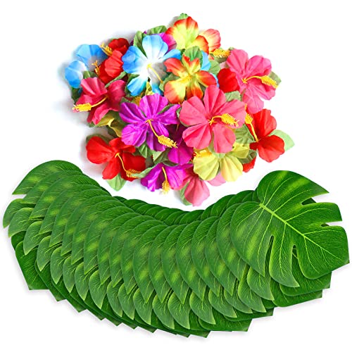 60Pcs Tropical Party Decorations Supplies Tropical Palm Leaves Hibiscus Flower Simulation Artificial Leaf for Hawaiian Luau Safari Party Jungle Beach Theme BBQ Birthday Parties Decorations Table Decor