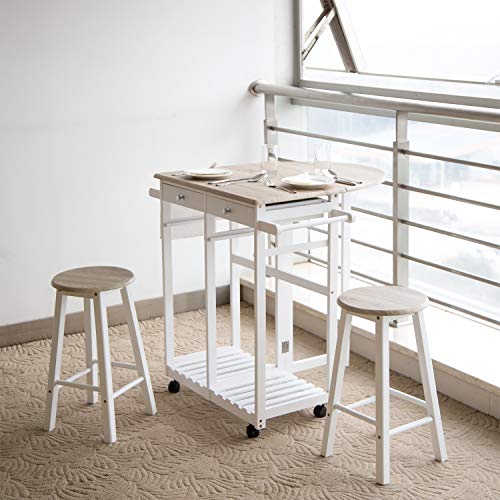 Breakfast Cart with Stools Wood Kitchen Island Cart with with Wheels Trolley Dining Table Stool Set with Folding Drop Leaf