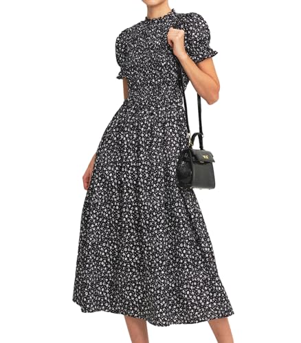 Image of RIHOAS Plaid Gingham Midi Dress Short Sleeve Smocked Dresses for Women | Cotton,Ruffle Puff Sleeves,Vintage Brown,Spring Summer Casual Daily,Picnic,Travel,Vacation,Christmas Festive Occasions