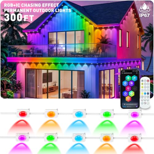 AMURTH Permanent RGB+IC Eave Lights 300FT, IP67 Waterproof LED, App Music Sync for Home & Holiday Decor