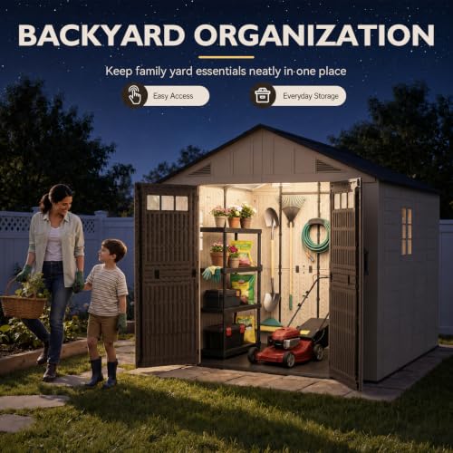 Image of Aoxun 8x10 Ft Outdoor Storage Shed with Lighe & Floor, Large Resin Outdoor Shed with Lockable Door & Windows, Garden HDPE Sheds for Lawn Tools, Pool Supplies & Bikes