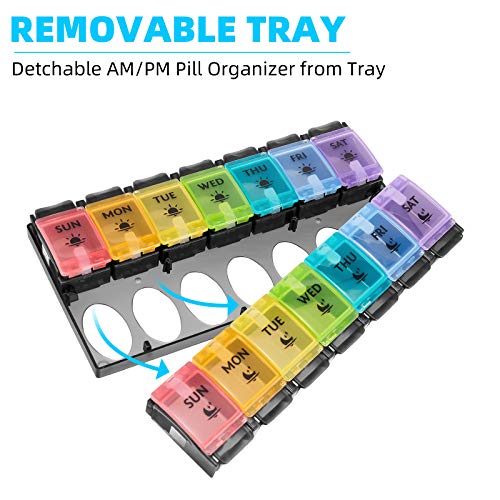 Am Pm Weekly 7 Day Pill Organizer, Large Daily Pill Cases Pill Box With Easy Push Button Pill Reminder Container For Medicine Vitamin Pills Fish Oil And Supplement (Rainbow Black) #TOP2