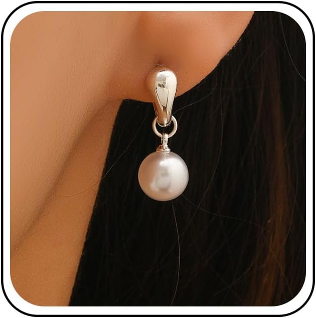 Andelaisi Boho Pearl Drop Hoop Earrings Silver Pearl Dangle Earrings Vintage Pearl Hoop Earrings Minimalist Pearl Round Earrings Jewelry for Women