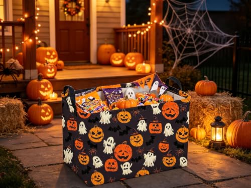 Image of Sanjiaofeng Rectangular Halloween Ghost Storage Basket,Waterproof Foldable Storage Baskets,Trick or Treat Halloween Basket,Halloweens Party Candy Gift Baskets(Happy Pumpkin)