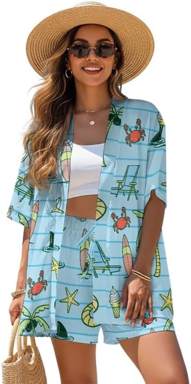 Irisjudy Short Sets for Women Vacation 2 Piece Vacation Outfits - Open Front Kimono Cover Up Summer Cruise Wear