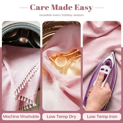 JIALE Pink Tablecloth Round 55 Inch, Summer Waterproof Cotton Linen Table Cloth with Tassels Farmhouse Rustic Washable Wrinkle-Free for Outdoor Valentine's Day Picnic Party Kitchen by JIALE - Used condition - Image 5