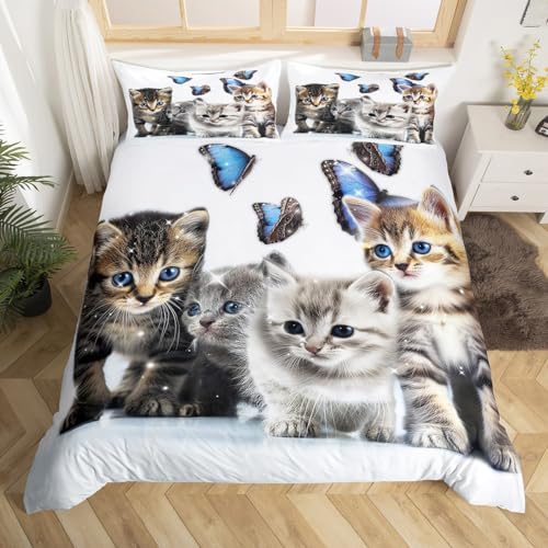 Cats Kids Bedding Set Cute Kitten Pattern Comforter Cover for Girls Boys Women Kawaii Cat Animal Printed Duvet Cover Blue Butterflies Decor Quilt Cover Lovely Cat Pattern Bedspread, Twin Size