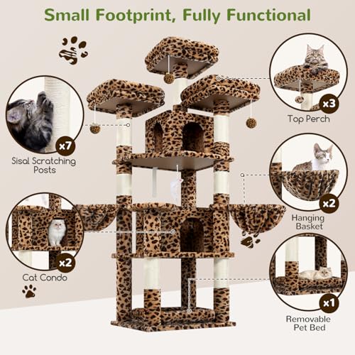 Image of Globlazer Big XL Cat Tower for Indoor Multiple Cats, F68B, Leopard Print | 68 inch Cat Tower for Adult Cats Cat Tree with Scratching Post, 3 Perches, 2 Condos, 2 Basket, Removable Pet Bed