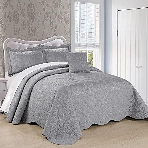Home Soft Things Damask 4 Piece Bedspread Set, Scalloped Edge Reversible Coverlet Comforter Prewashed Bedding Set, Matelasse Embossed Floral Solid Pattern,Ash Gray Oversize King(120" x 120")
