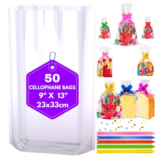 MAARA Cellophane Bags Pack of 50 (9X13/23X33CM) Medium Clear Sweet Bags Food Safe Cookie Bags With Bows Treat And Party Bags For Mugs Flat Bottom Plastic Cellophane Gift Bags