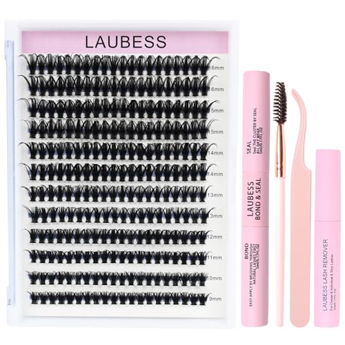 Image of Lash Extension Kit LAUBESS Lash Clusters Kit Cluster Eyelash Extensions Kit Eyelash Clusters Lash Bond and Seal Waterproof Tweezers Brush Lash Glue Remover (Kit 50D-C-Mix9-16)