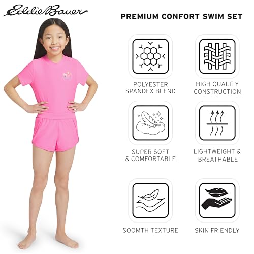 Image of Eddie Bauer Girls' UPF 50+ Rash Guard Sun Tee Shirt and Swim Short Set