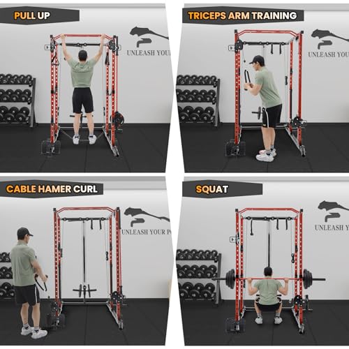GaveeLife Power Cage, 2000 LBS Power Rack with Cable Cross-Over System, Multi-Functional Strength Training Squat Rack with LAT Pull Down System, Home Gym Equipment with Training Attachment, Red