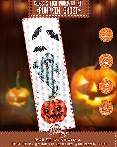 Image of Povitrulya Counted Cross Stitch Bookmark Kit 'Pumpkin Ghost' - DIY Embroidery Set for Adults
