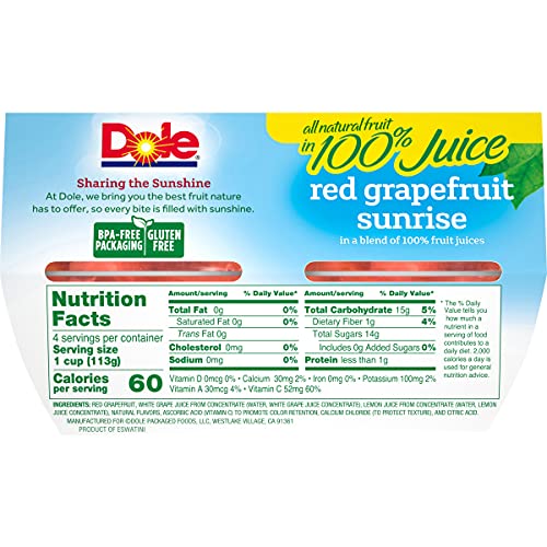 Dole Fruit Bowls Red Grapefruit Sunrise in 100% Juice, Gluten Free Healthy Snack, 4 Oz, 4 Cups - Thumbnail 6