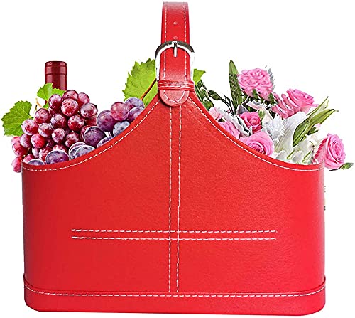 YRHH Leather Storage Basket, Magazine and Newspaper Holders Wine Flowers Fruits Magazine Holder Rack/Bins,with Top Handle for Holiday Presents Gifts Display -Coffee||L-Red Cover