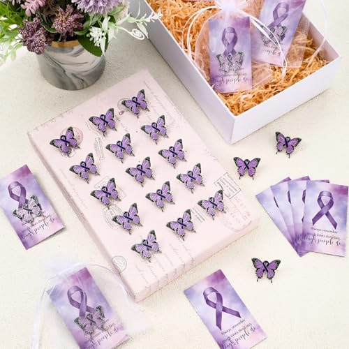 Harloon Purple Awareness Butterfly Pins Domestic Violence Awareness Pins Epilepsy Pancreatic Cancer Brooch with Cards Organza Bags for Raise Awareness Charity Event Fundraise Gathering4