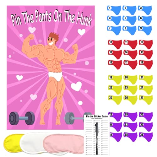 QINGRUIGO Bridal Shower Games, Pin The Pants on The Hunk, Bachelorette Party, Wedding, Engagement 36 Stickers Includes Large Poster Single Girl Party Night