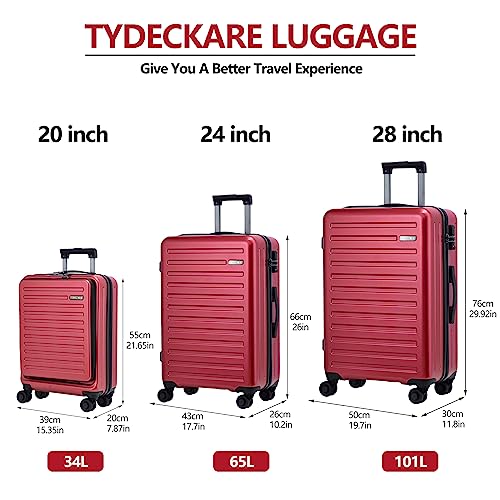 TydeCkare Set de Bagages 20/24/28", Bagage à Main 20" avec Poche Avant pour Ordinateur Portable 34L (55x39x20cm), 24" 65L, Valise Rigide 28" 101L, Serrure TSA, Bordeaux – vue 2