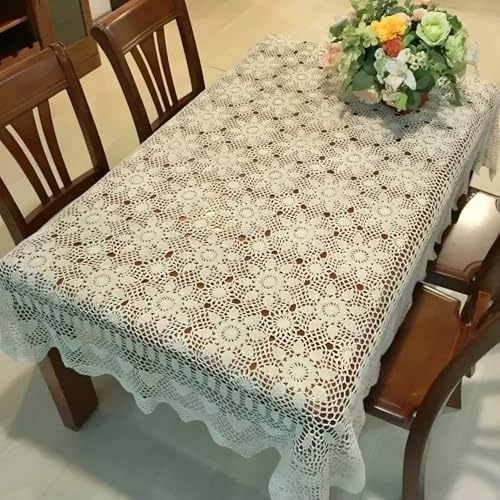 USTIDE Handmade Crochet Lace Tablecloth Cotton Crochet. Ecru 63"X 43" Rectangle Crocheted Table Covers for Tea Table Dressers