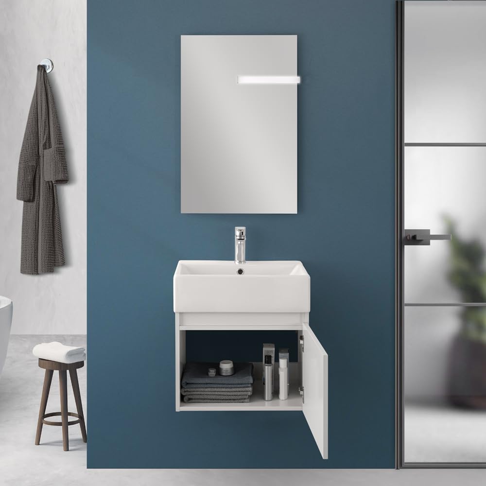 Mobiletto Bagno Sospeso Salvaspazio Da 50 Cm In Legno Nobilitato Bianco Linea Kira Con 1 Anta Dalla Chiusura Soft-Close, Completo Di Specchio 50x60 Cm E Lavabo