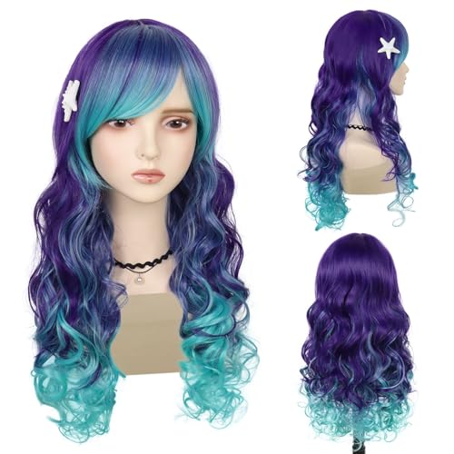 GNIMEGIL Long Wavy Costume Wig Cosplay Mermaid Wigs for Women Halloween Party Purple Mixed Turquoise Curly Wave Colorful in Heat Resistant Synthetic Fiber