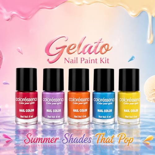 Image of Coloressence Gelato Summer Shades Nail Paint Kit, Set of 5 with FREE Nail Polish Remover | Glossy Finish | Quick Dry | Chip Resistant | Highly Pigmented