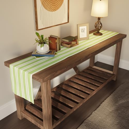 Image of Encasa XO Cotton Table Runner for 2 to 4 Seater | Size 13x48 in | Franca Lime Stripes - Machine Washable & Durable