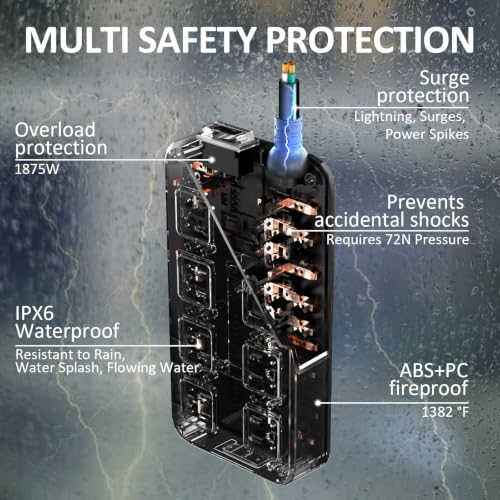 Image of QIYUAN Outdoor Power Strip Weatherproof Waterproof 8 Outlet 3 USB 6FT
