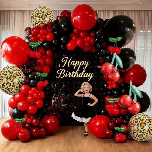 Image of Red Black Balloon Arch Kit Double Stuffed Burgundy Black Maroon Balloon Garland Cherry Cheetah Print Balloons for Birthday Bridal Baby Shower Bachelorette Graduation Halloween Party Decorations