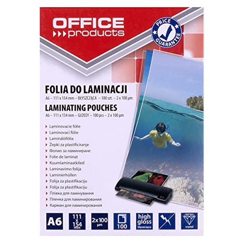 Folia do Laminowania OFFICE PRODUCTS A6 2x100mikr Błyszcząca 100szt Transparentna/Prezentacja/Typ-do Laminowania/Rodzaj-Błyszcząca/Materiał-Plastik/Kolor-Transparentny/Grubość (mm)-2x100µm