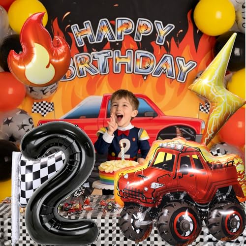 Truck Number 2 Balloons, Huge Truck Flags Lightning Flame Stars Aluminum Foil Balloons for 2nd Birthday, Race Car Theme Party Decorations Supplies — view 3