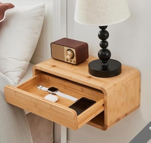 FONSOLUM Bamboo Floating Nightstand with Storage Drawer, Wall Mounted Bedside