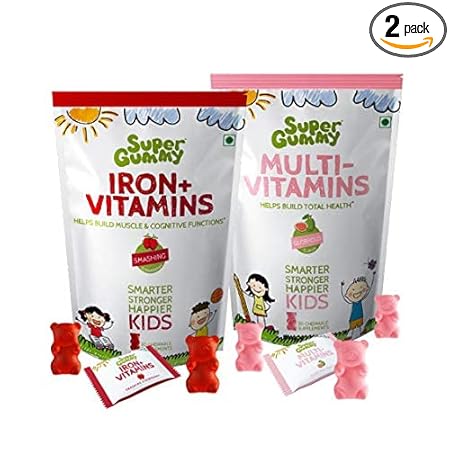 Super Gummy Iron & Multivitamin Gummies for Kids, Build Muscle, Improve Cognition & Boost Energy (Combo 2 Pack, 30 Chewable Gummy Bears Per Pack)
