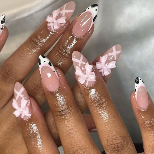 24 uñas acrílicas cortas de almendra con lazos dulces, cubiertas completas, uñas adhesivas con punta francesa, uñas postizas simples