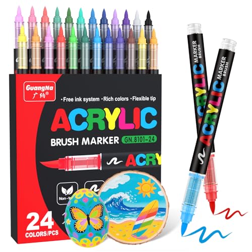 Guangna Acrylic Paint Markers Brush Tip, 24 Vivid Colors with Direct-Liquid Ink Control System, Professional-Grade Paint Pen for Rock Painting, Canvas, Glass, Plastic, Fabric, Eggs